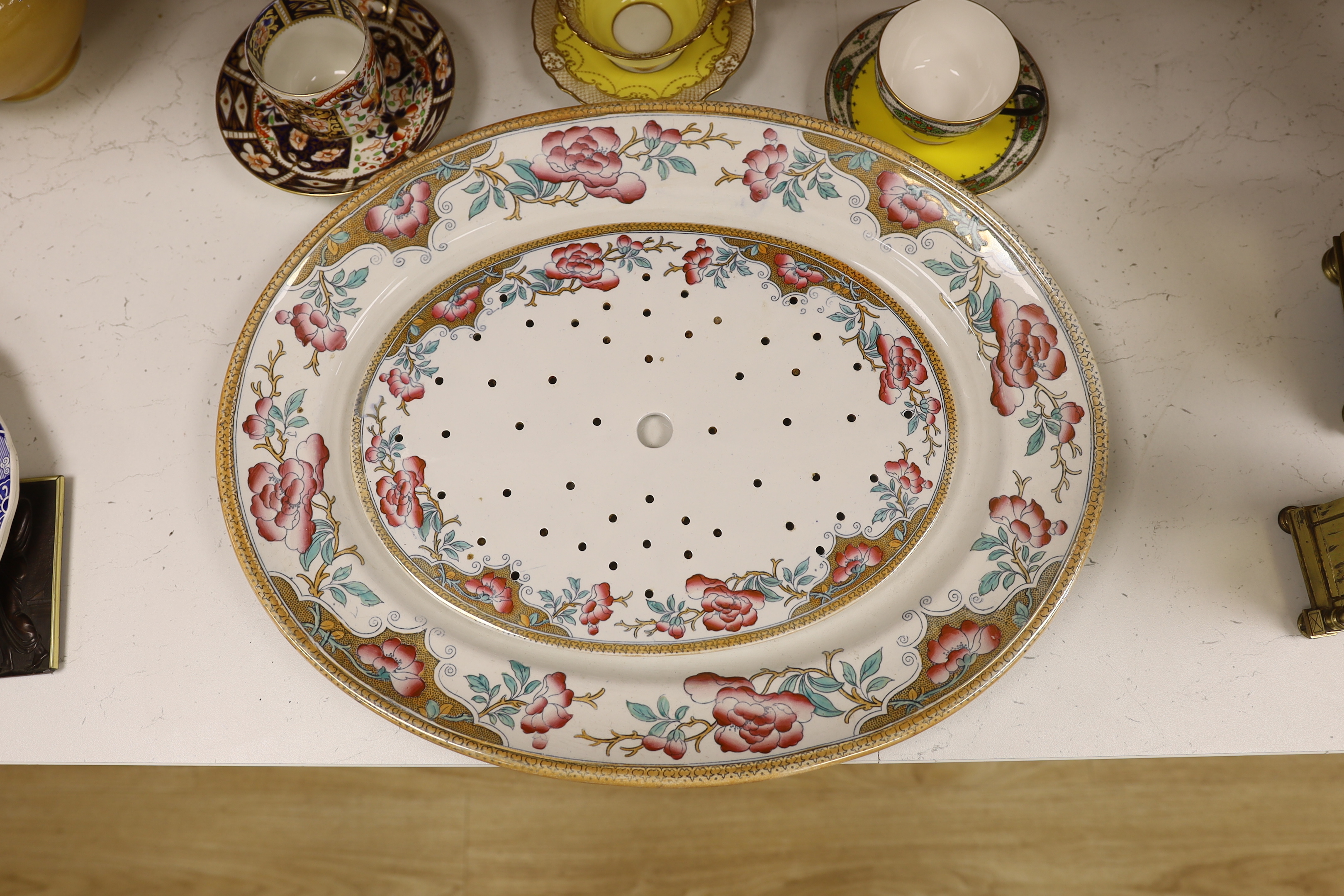 A Victorian stone china oval meat platter, a Derby cup and saucer, two others and two Spode ‘Italian’ plates, platter 50cm wide